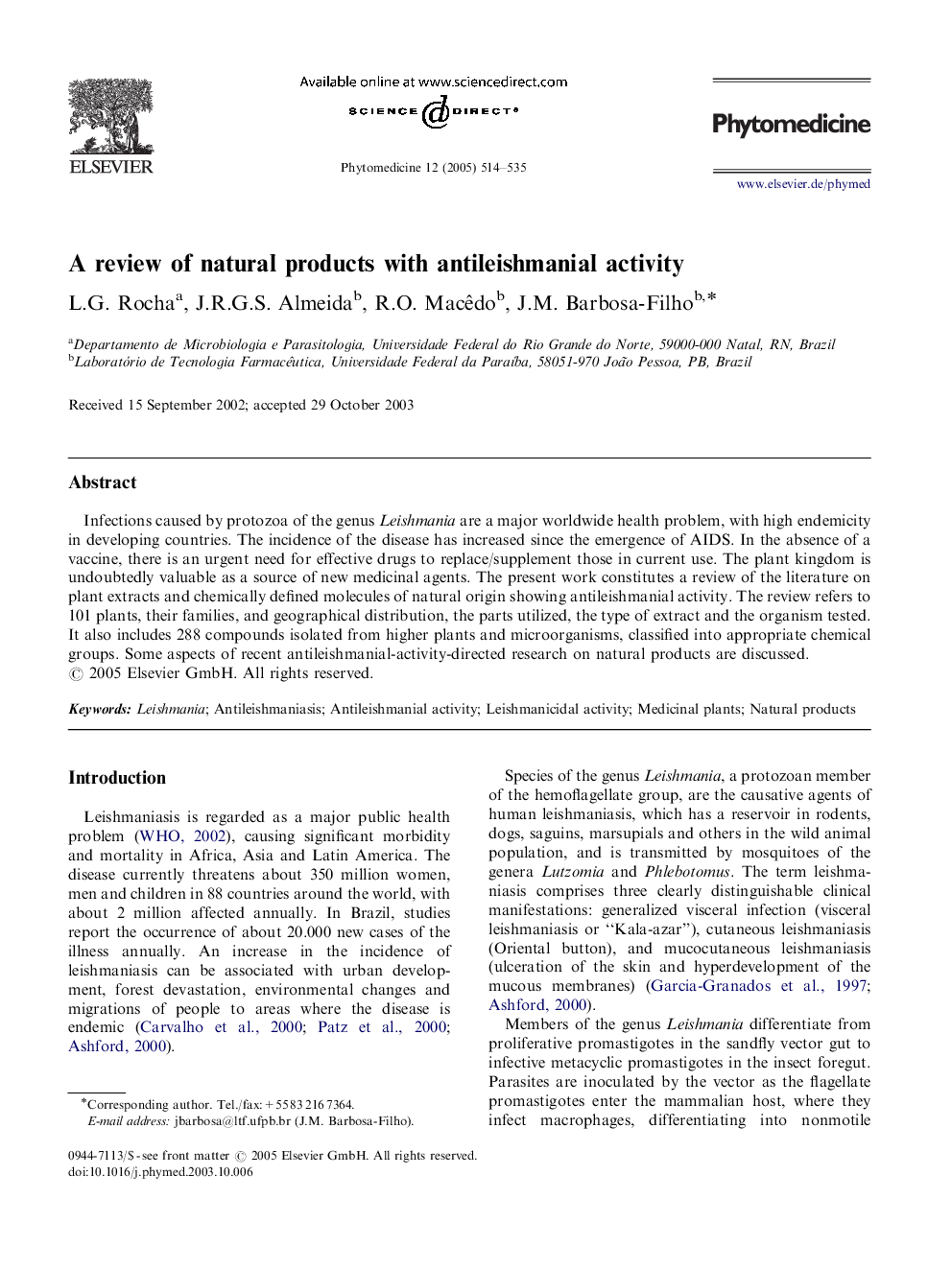 A review of natural products with antileishmanial activity