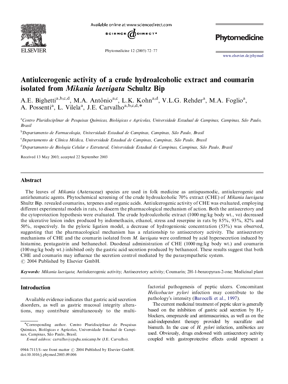 Antiulcerogenic activity of a crude hydroalcoholic extract and coumarin isolated from Mikania laevigata Schultz Bip