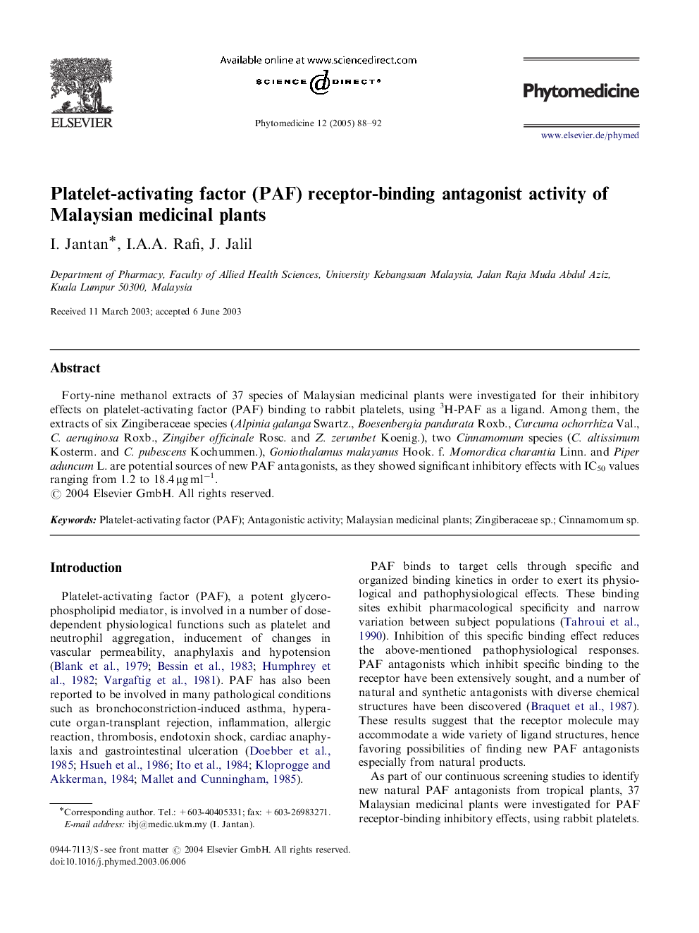 Platelet-activating factor (PAF) receptor-binding antagonist activity of Malaysian medicinal plants