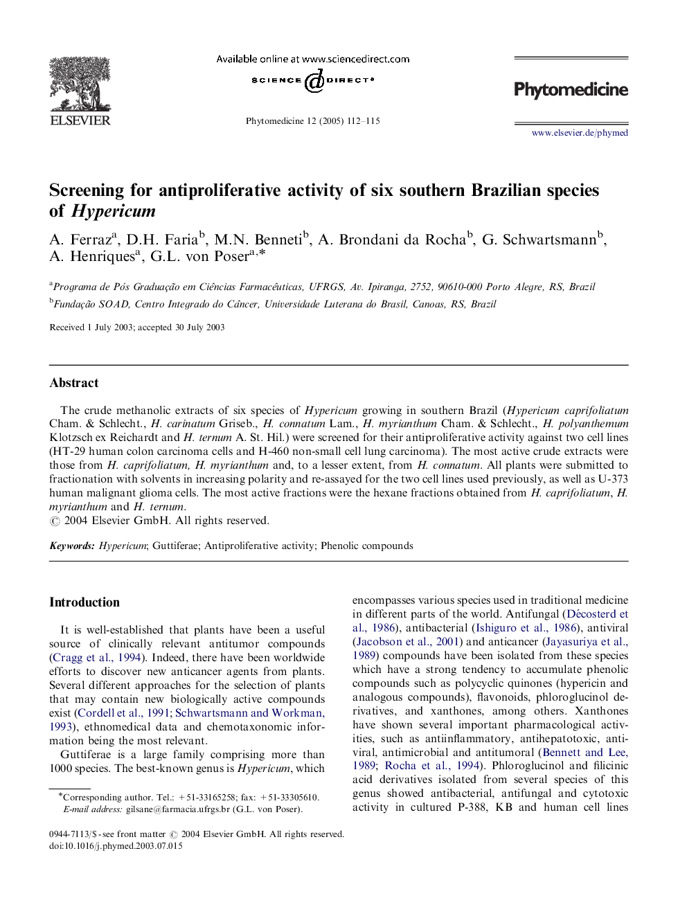 Screening for antiproliferative activity of six southern Brazilian species of Hypericum