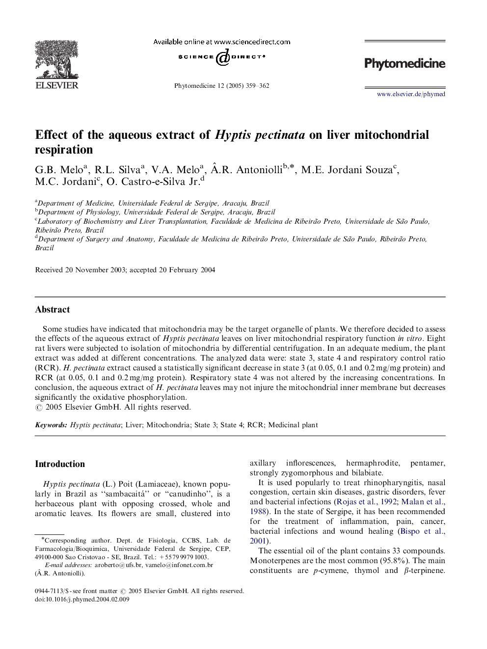 Effect of the aqueous extract of Hyptis pectinata on liver mitochondrial respiration