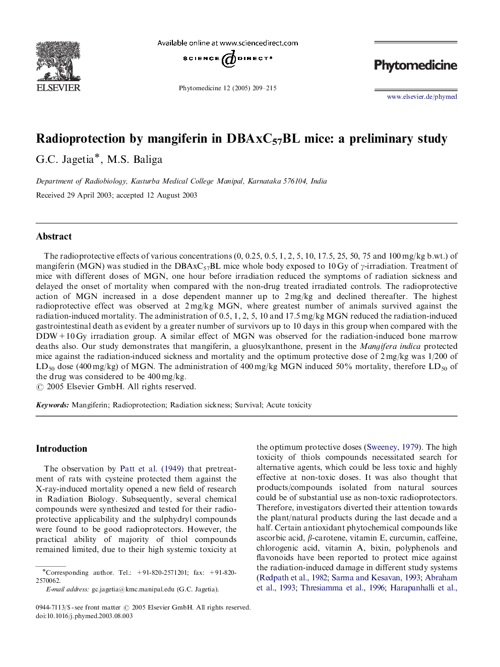 Radioprotection by mangiferin in DBAxC57BL mice: a preliminary study