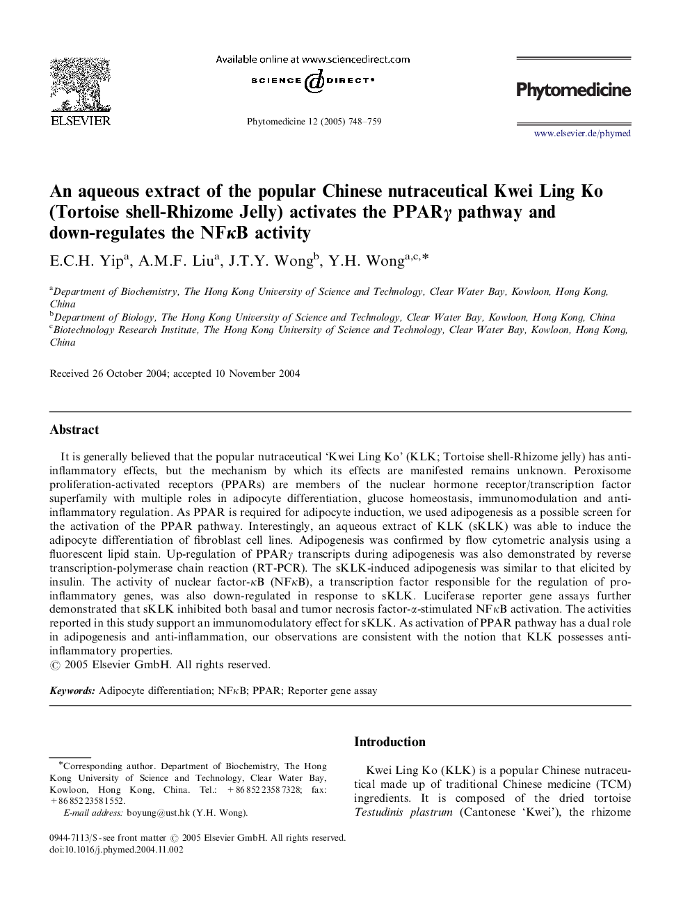 An aqueous extract of the popular Chinese nutraceutical Kwei Ling Ko (Tortoise shell-Rhizome Jelly) activates the PPARÎ³ pathway and down-regulates the NFÎºB activity