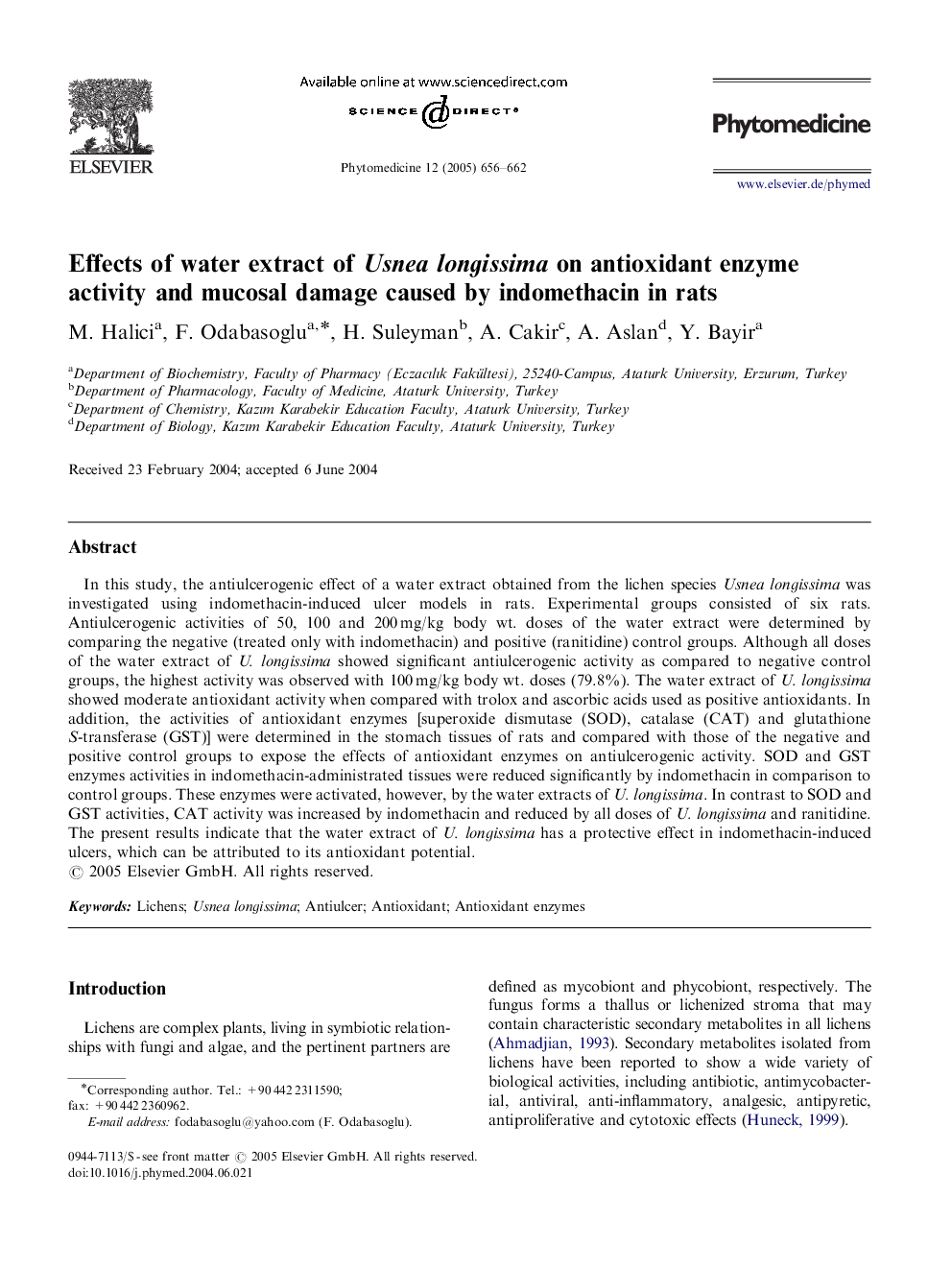 Effects of water extract of Usnea longissima on antioxidant enzyme activity and mucosal damage caused by indomethacin in rats