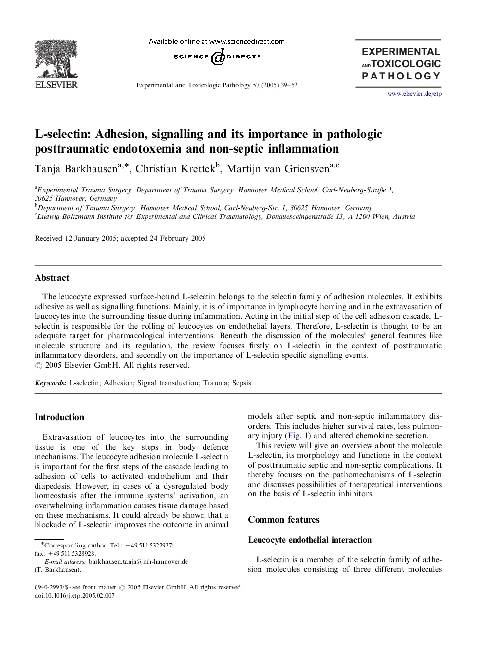 L-selectin: Adhesion, signalling and its importance in pathologic posttraumatic endotoxemia and non-septic inflammation