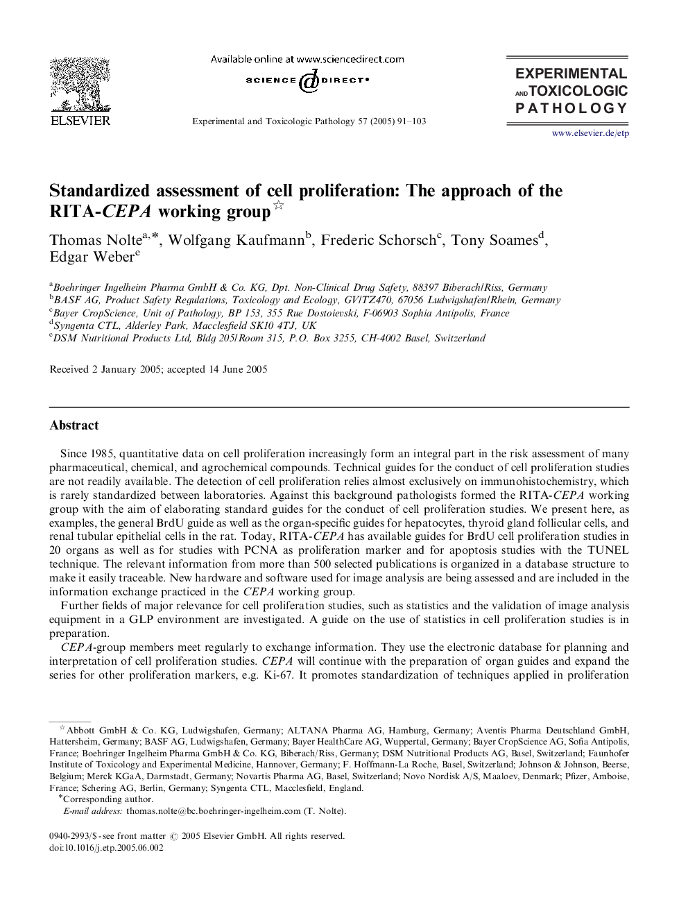 Standardized assessment of cell proliferation: The approach of the RITA-CEPA working group