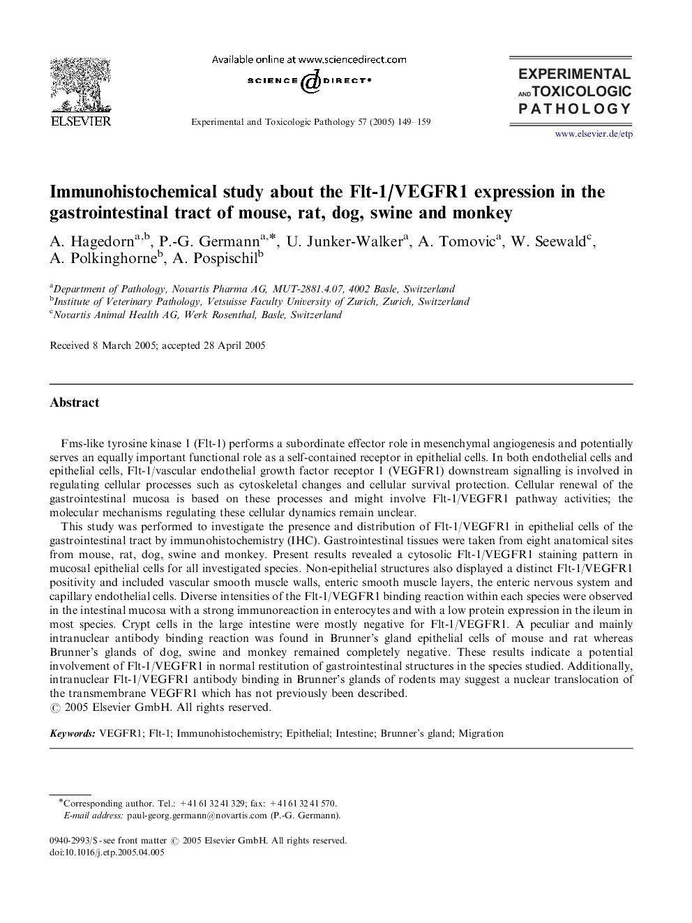 Immunohistochemical study about the Flt-1/VEGFR1 expression in the gastrointestinal tract of mouse, rat, dog, swine and monkey