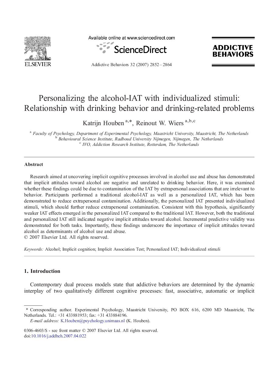 Personalizing the alcohol-IAT with individualized stimuli: Relationship with drinking behavior and drinking-related problems