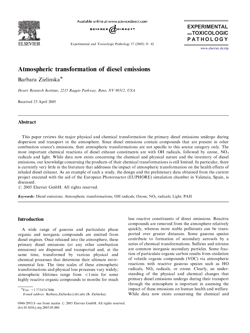 Atmospheric transformation of diesel emissions