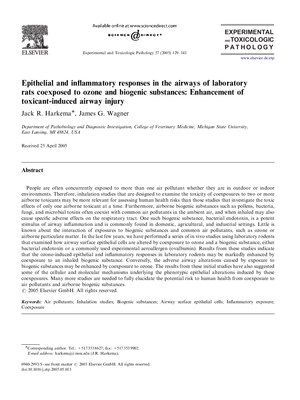 Epithelial and inflammatory responses in the airways of laboratory rats coexposed to ozone and biogenic substances: Enhancement of toxicant-induced airway injury