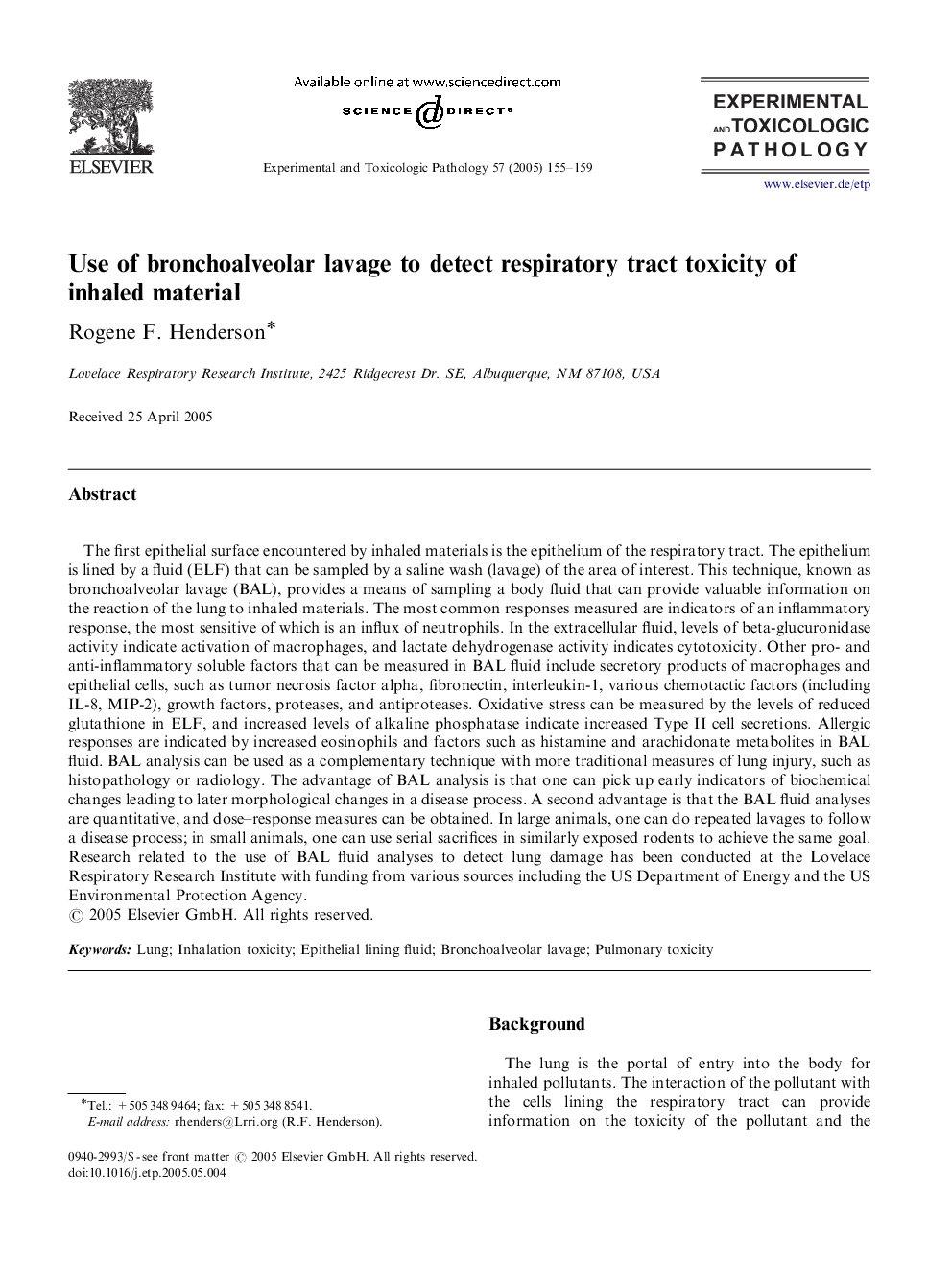 Use of bronchoalveolar lavage to detect respiratory tract toxicity of inhaled material