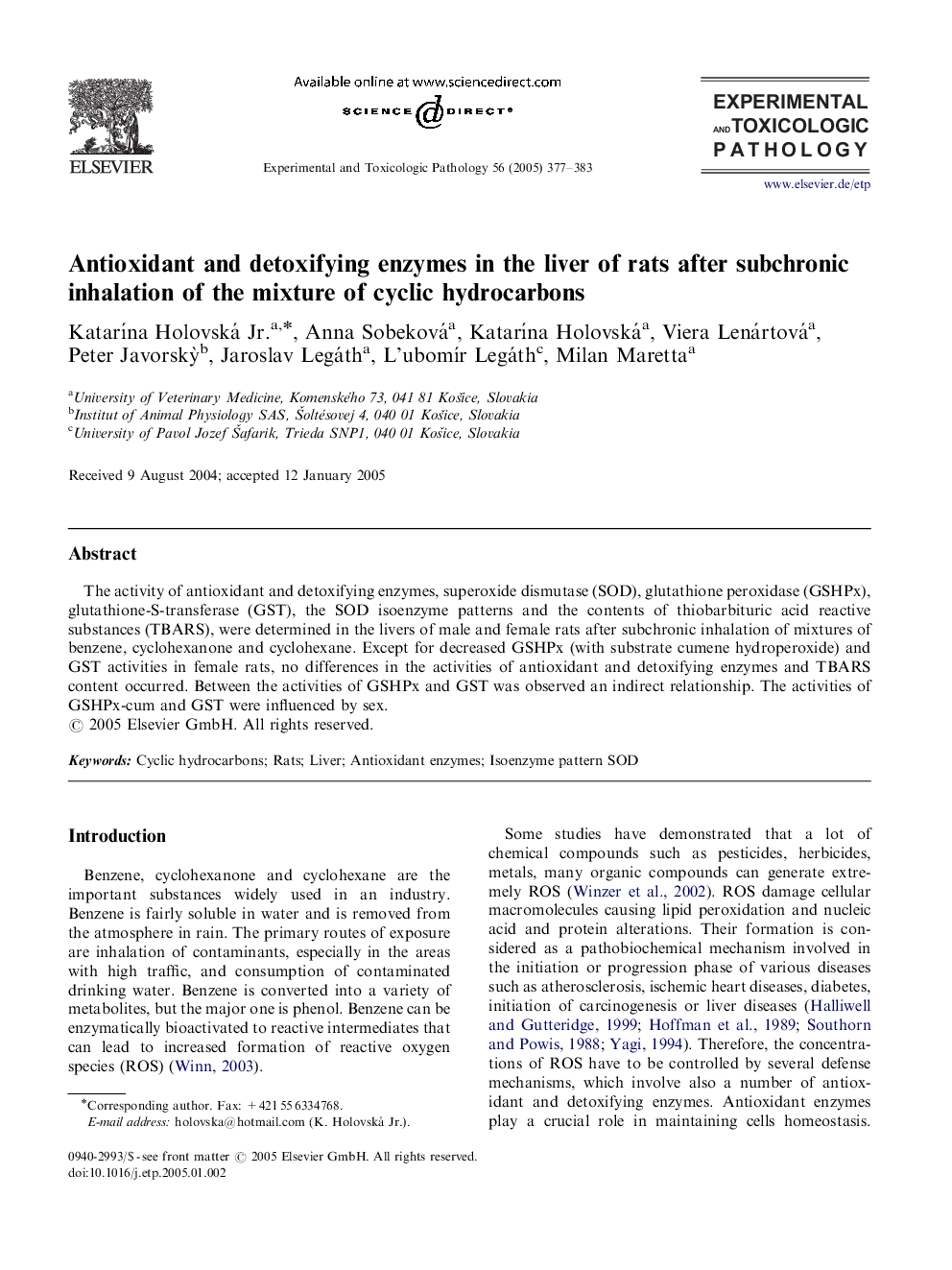 Antioxidant and detoxifying enzymes in the liver of rats after subchronic inhalation of the mixture of cyclic hydrocarbons