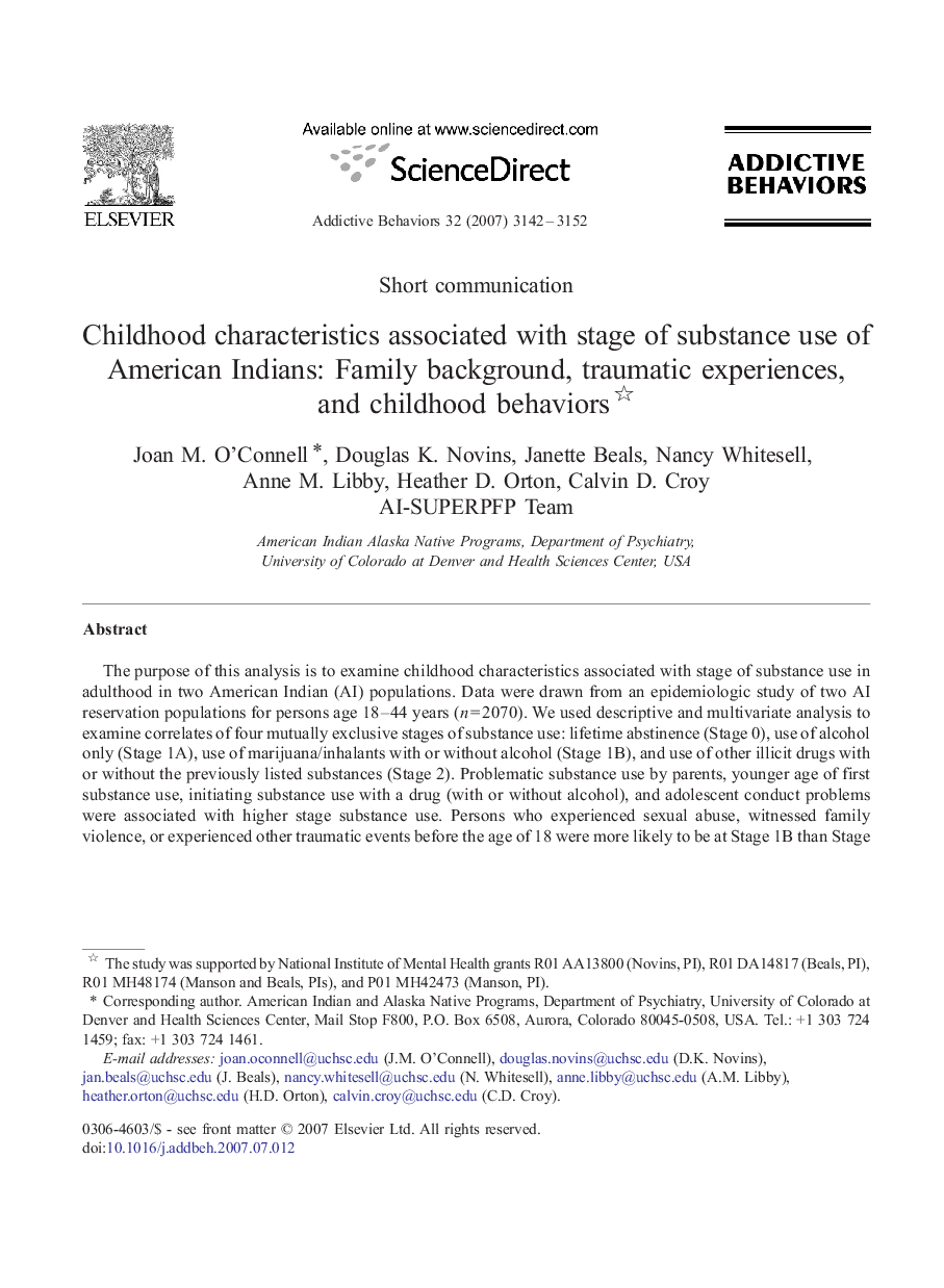 Childhood characteristics associated with stage of substance use of American Indians: Family background, traumatic experiences, and childhood behaviors 