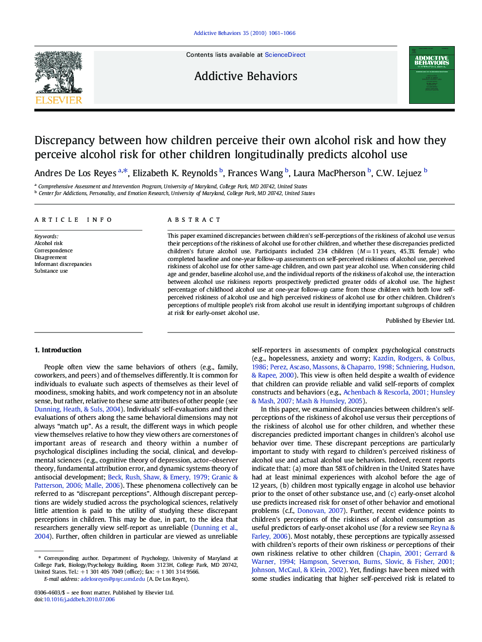 Discrepancy between how children perceive their own alcohol risk and how they perceive alcohol risk for other children longitudinally predicts alcohol use