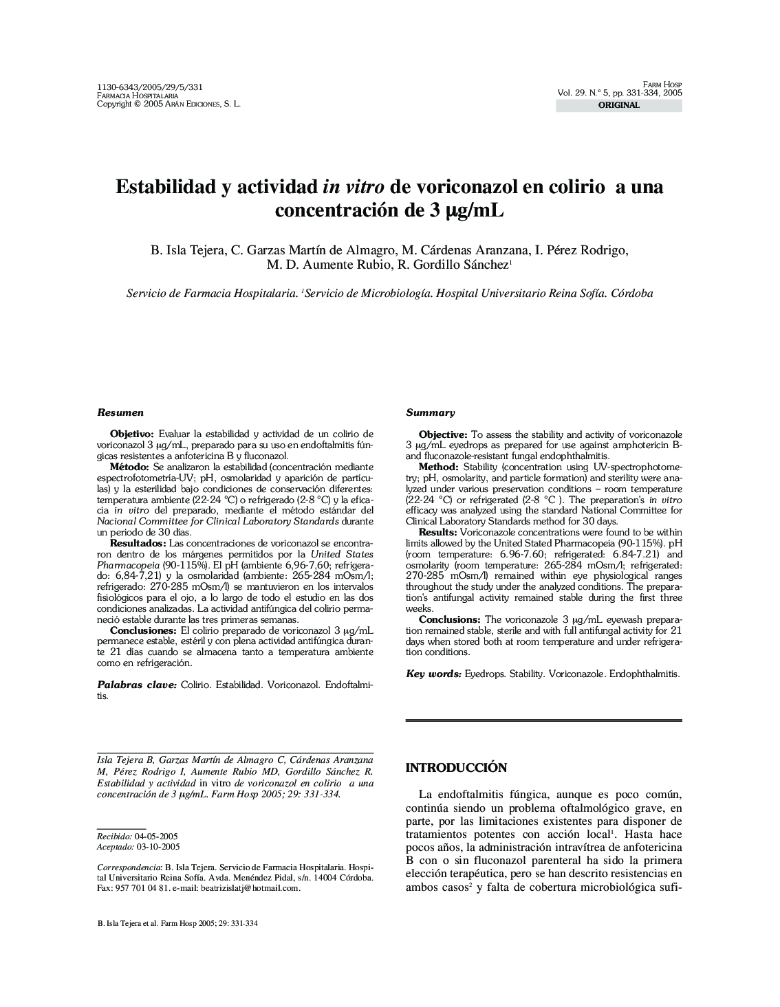 Estabilidad y actividad in vitro de voriconazol en colirio a una concentración de 3 Î¼g/mL