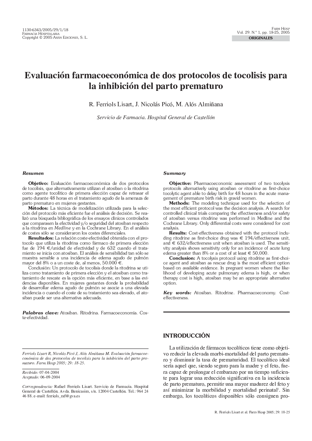 Evaluación farmacoeconómica de dos protocolos de tocolisis para la inhibición del parto prematuro