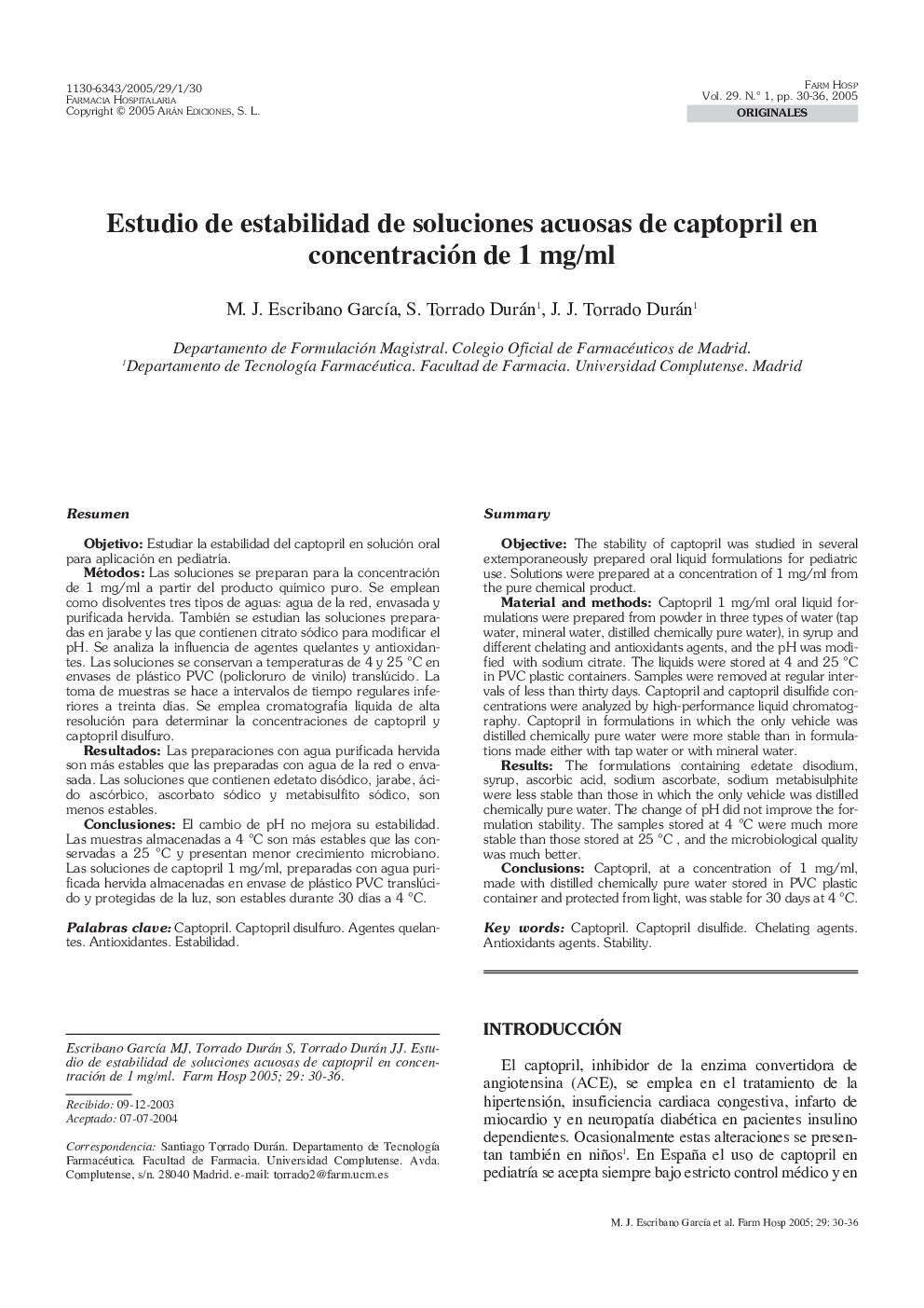 Estudio de estabilidad de soluciones acuosas de captopril en concentración de 1 mg/ml