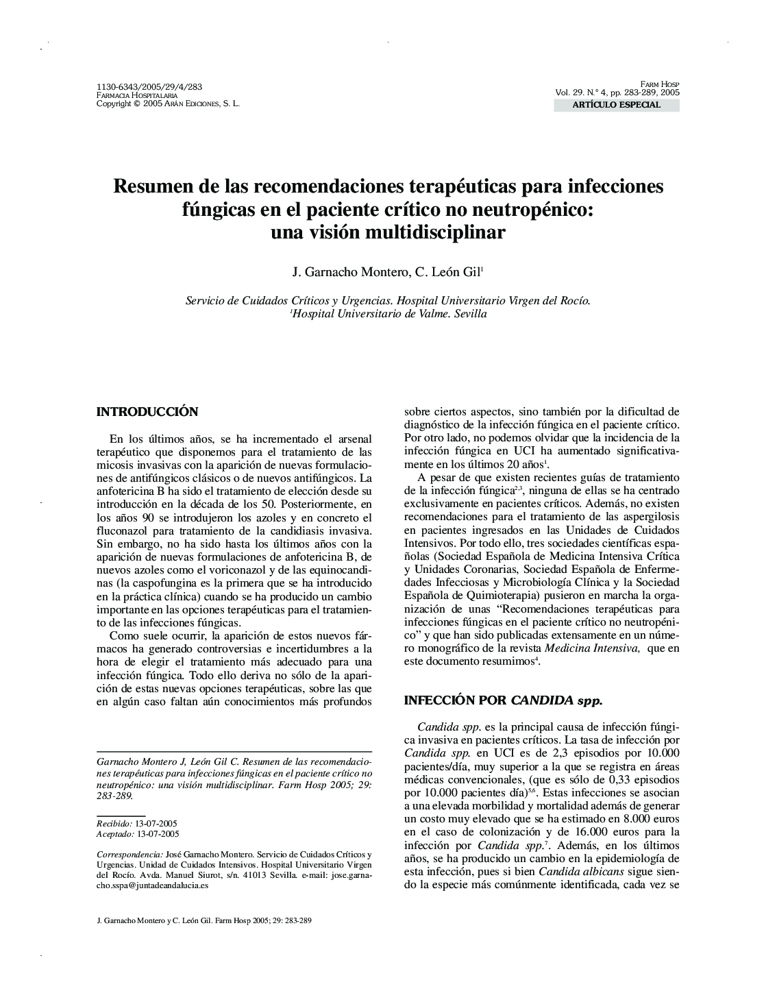 عکس صفحه اول مقاله: Resumen de las recomendaciones terapéuticas para infecciones fúngicas en el paciente crÃtico no neutropénico: una visión multidisciplinar Resumen de las recomendaciones terapéuticas para infecciones fúngicas en el paciente crÃtico no neutropénico: una visión multidisciplinar