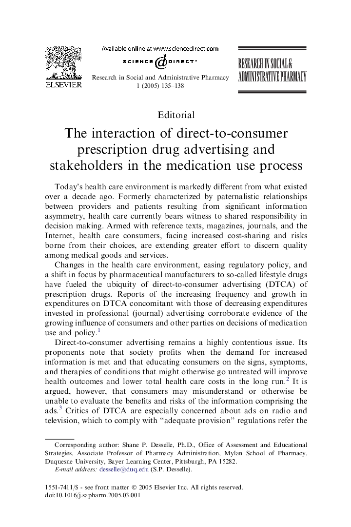 The interaction of direct-to-consumer prescription drug advertising and stakeholders in the medication use process