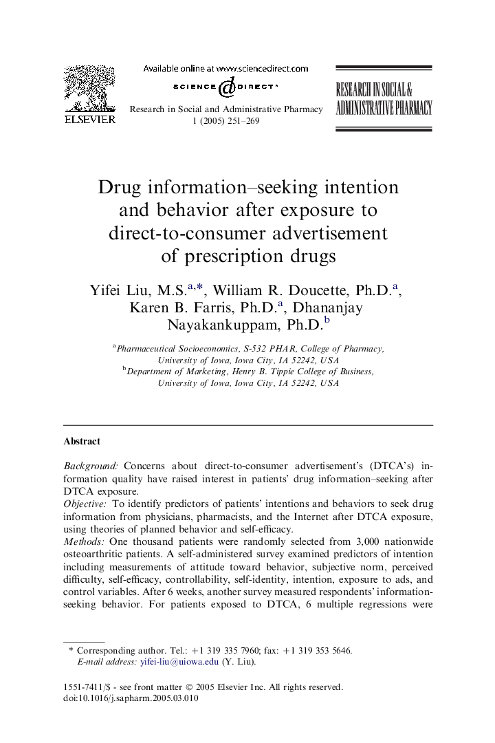 Drug information-seeking intention and behavior after exposure to direct-to-consumer advertisement of prescription drugs