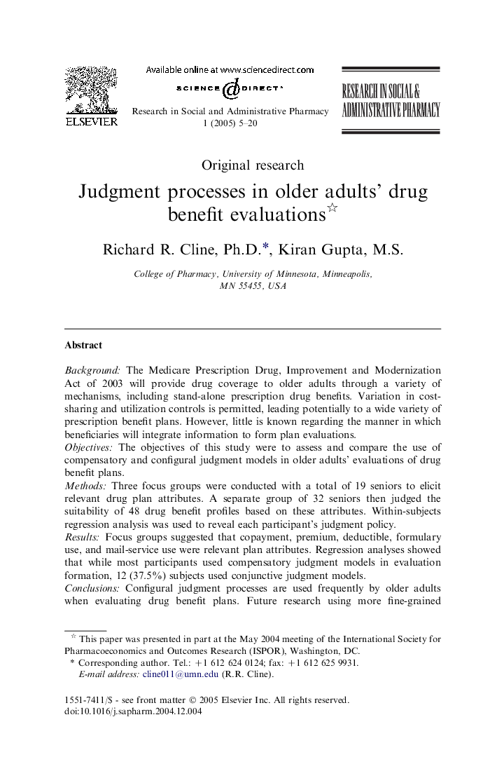 Judgment processes in older adults' drug benefit evaluationsâ