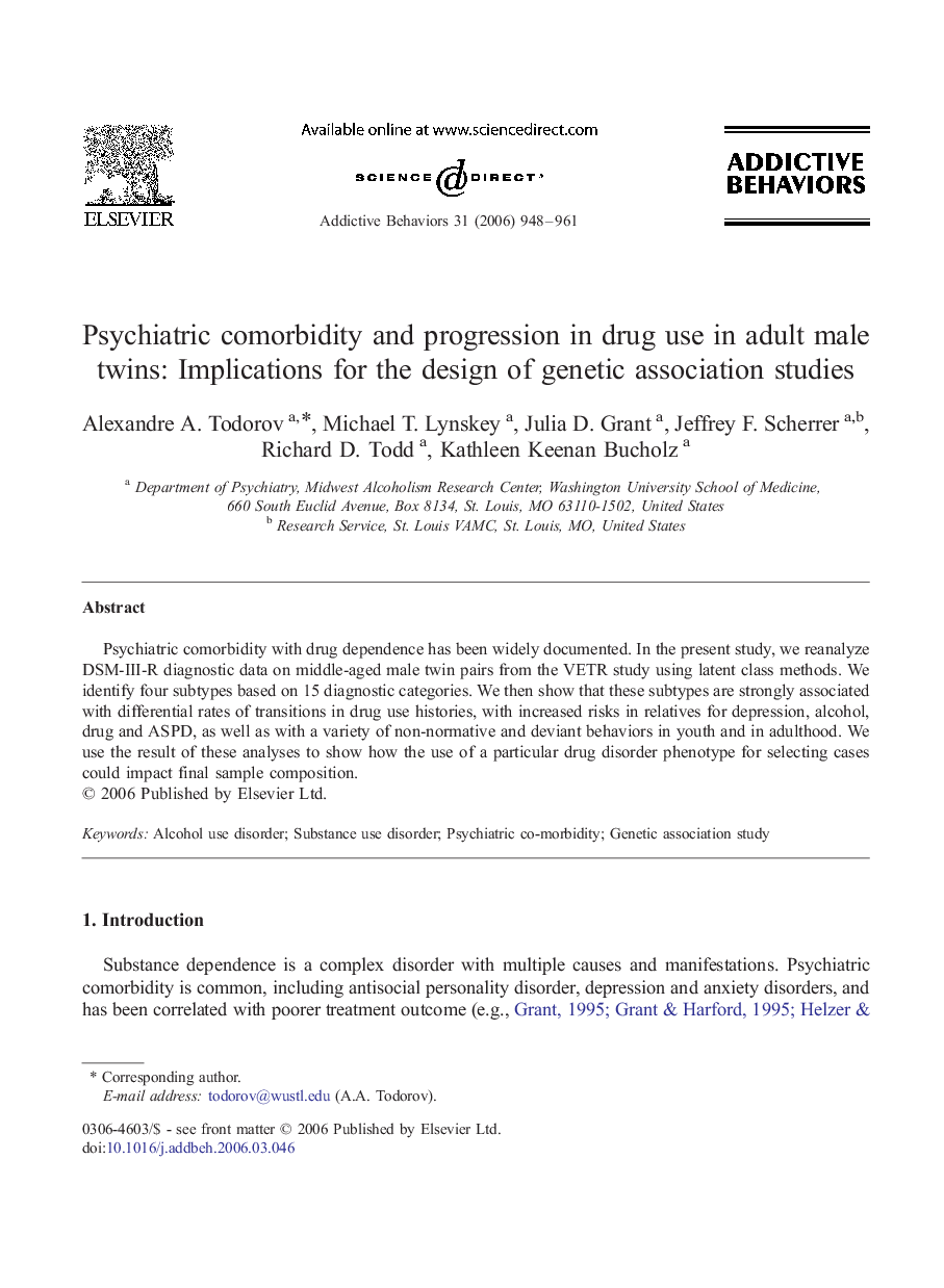 Psychiatric comorbidity and progression in drug use in adult male twins: Implications for the design of genetic association studies