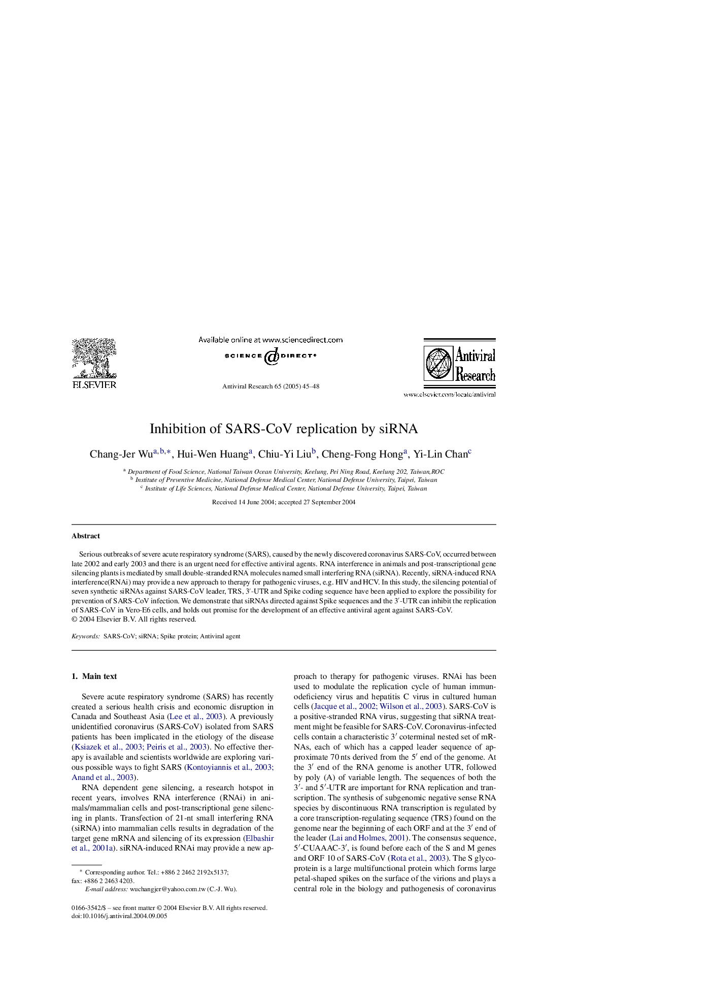 Inhibition of SARS-CoV replication by siRNA