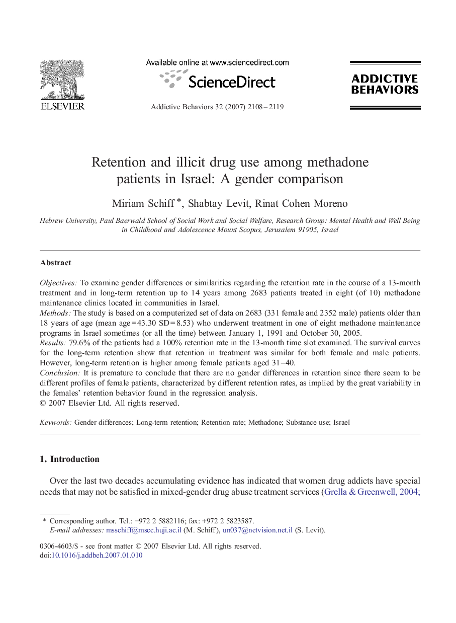 Retention and illicit drug use among methadone patients in Israel: A gender comparison