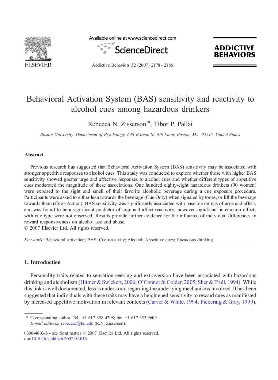 Behavioral Activation System (BAS) sensitivity and reactivity to alcohol cues among hazardous drinkers