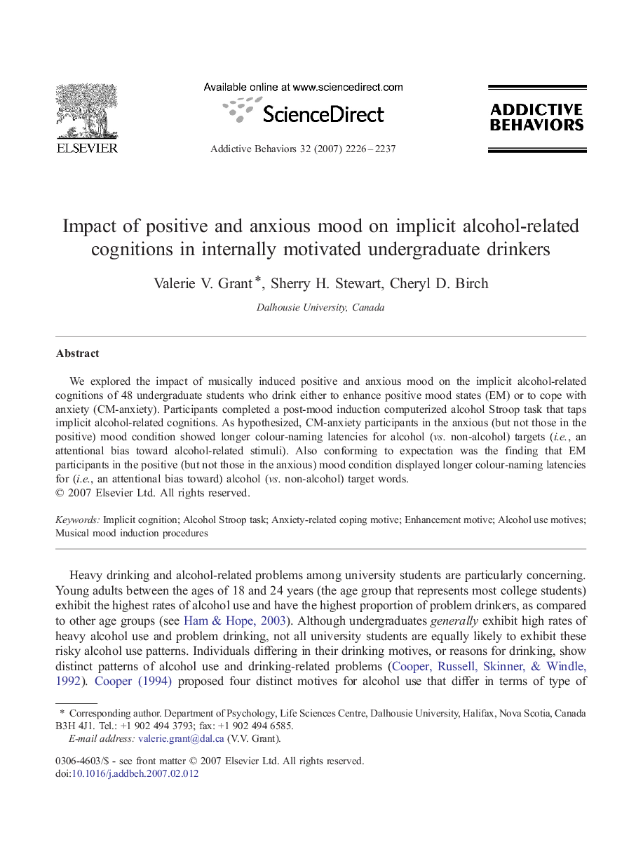 Impact of positive and anxious mood on implicit alcohol-related cognitions in internally motivated undergraduate drinkers