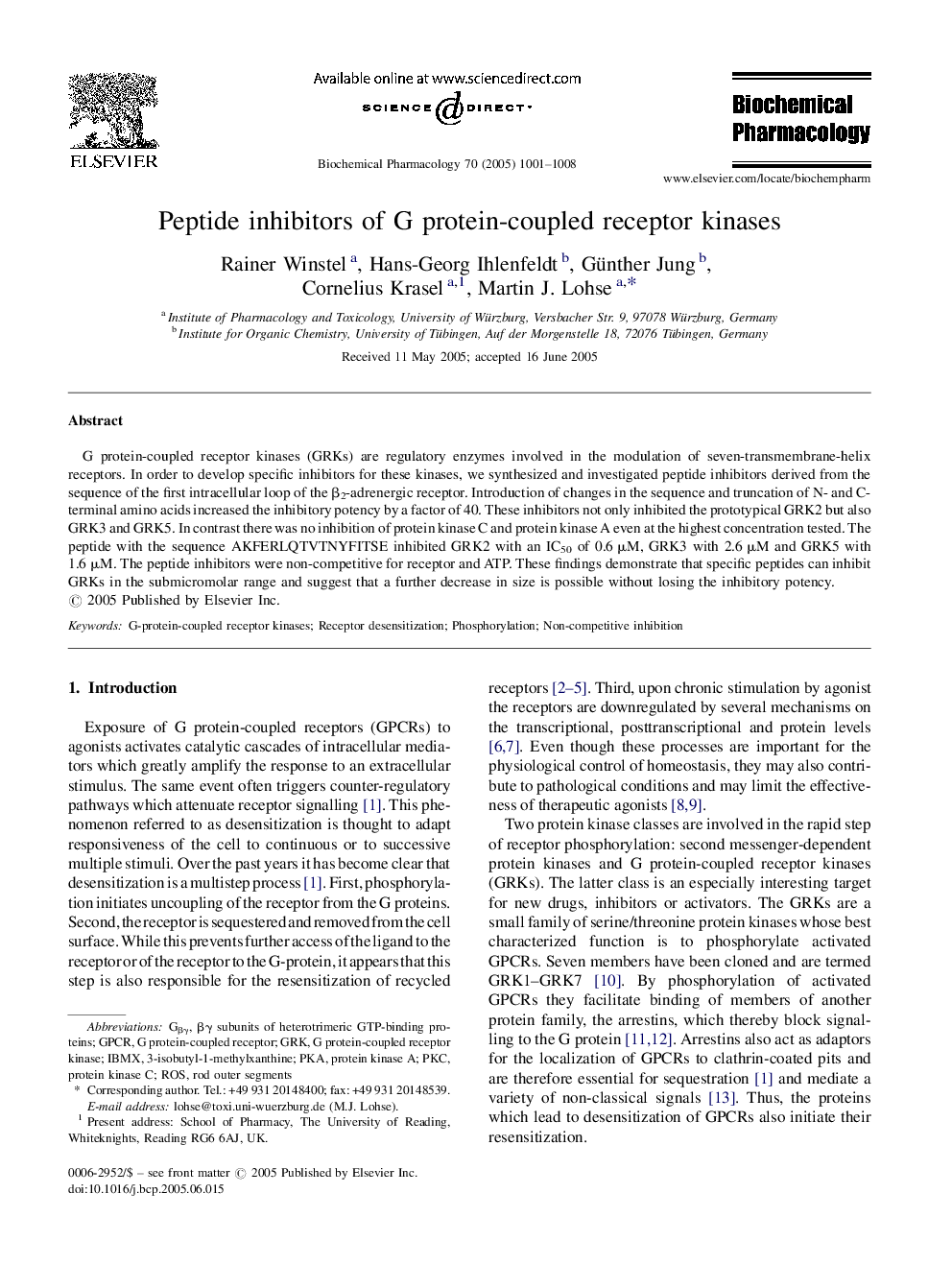 Peptide inhibitors of G protein-coupled receptor kinases