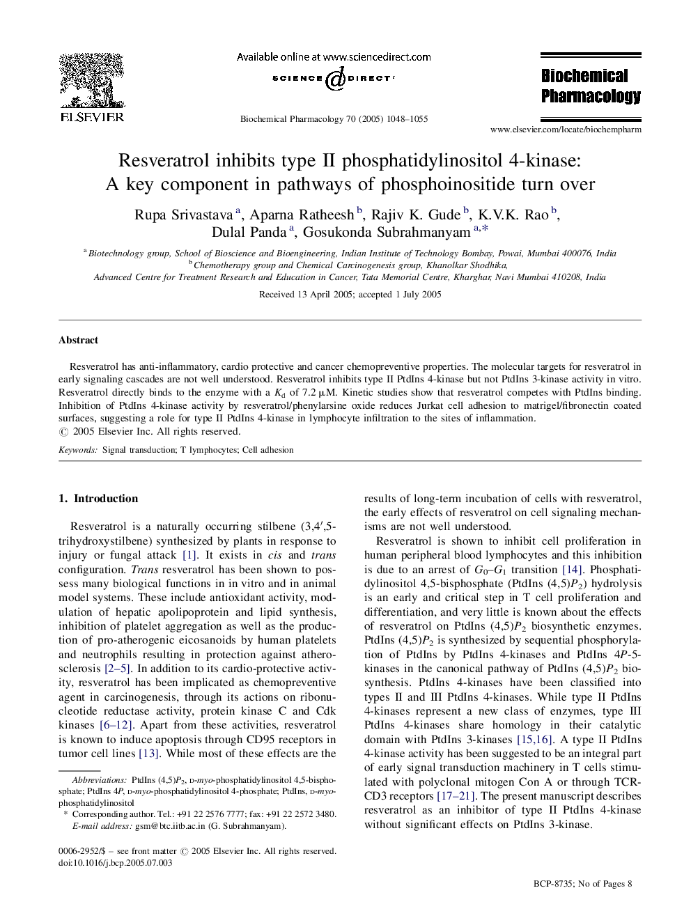 Resveratrol inhibits type II phosphatidylinositol 4-kinase: A key component in pathways of phosphoinositide turn over