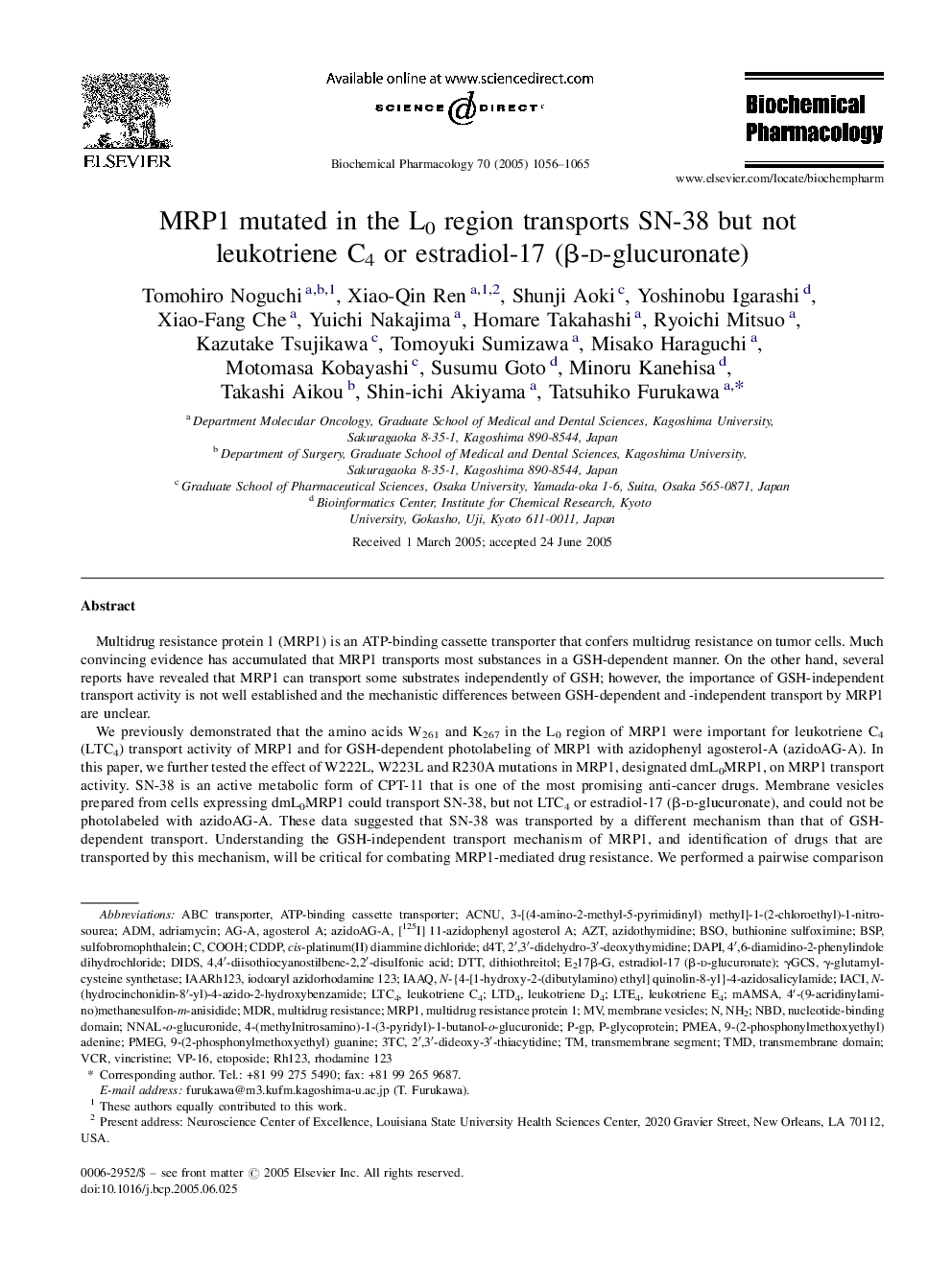 MRP1 mutated in the L0 region transports SN-38 but not leukotriene C4 or estradiol-17 (Î²-d-glucuronate)