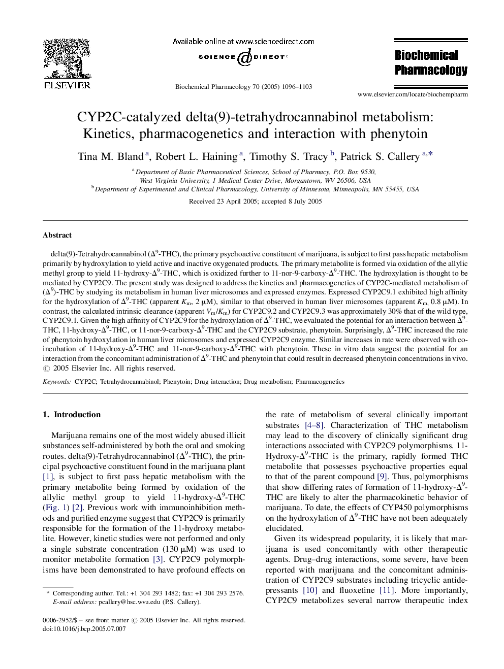 CYP2C-catalyzed delta(9)-tetrahydrocannabinol metabolism: Kinetics, pharmacogenetics and interaction with phenytoin