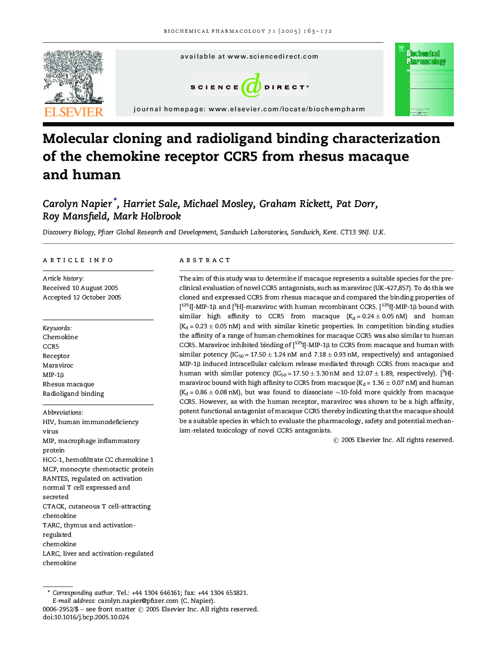 Molecular cloning and radioligand binding characterization of the chemokine receptor CCR5 from rhesus macaque and human
