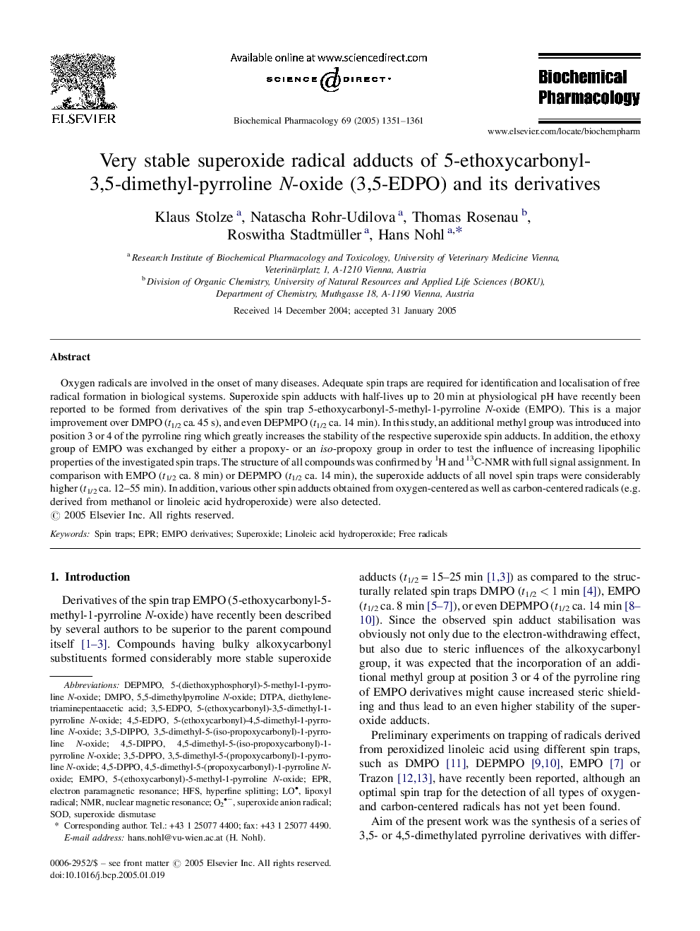 Very stable superoxide radical adducts of 5-ethoxycarbonyl- 3,5-dimethyl-pyrroline N-oxide (3,5-EDPO) and its derivatives