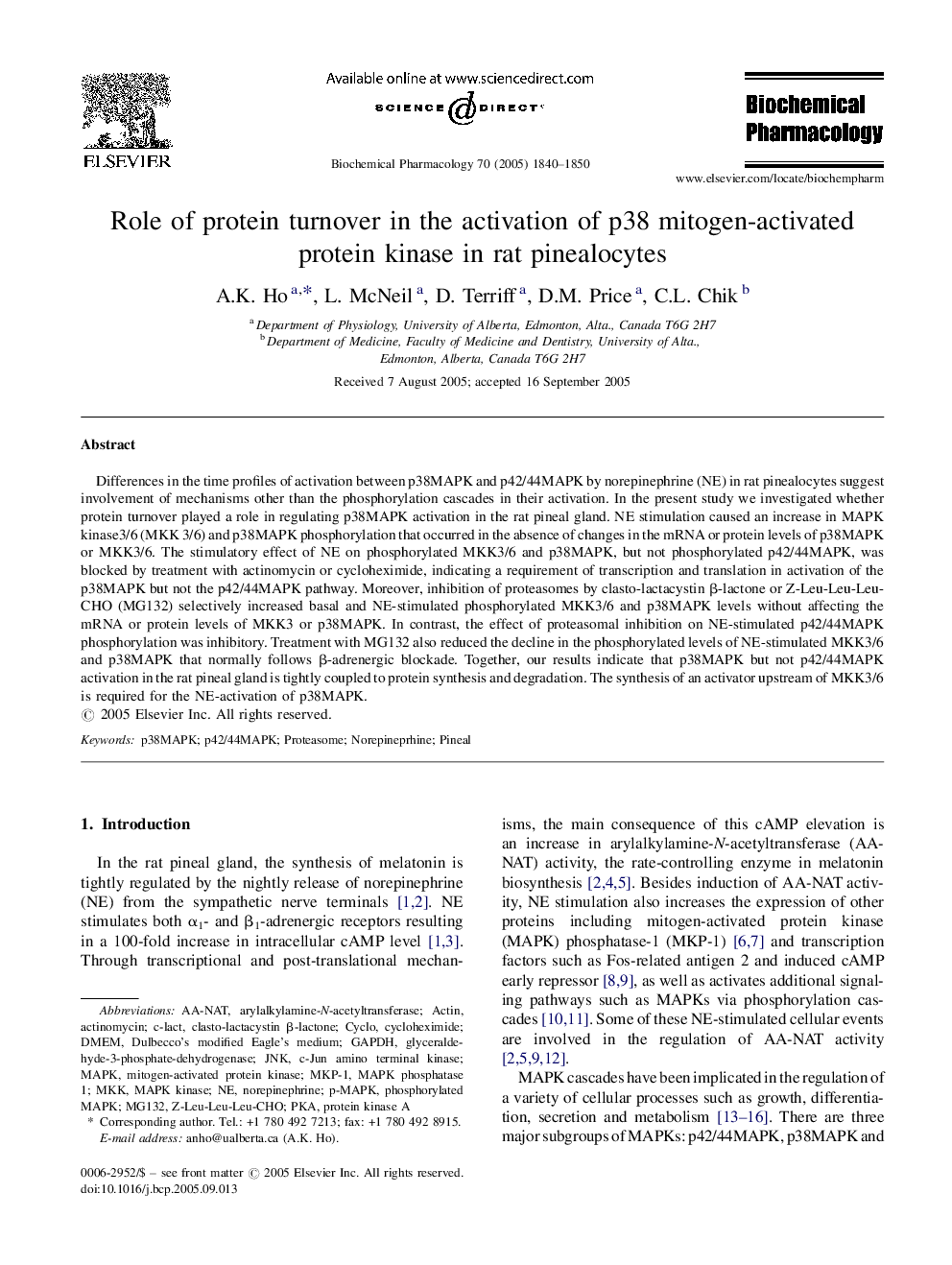 Role of protein turnover in the activation of p38 mitogen-activated protein kinase in rat pinealocytes