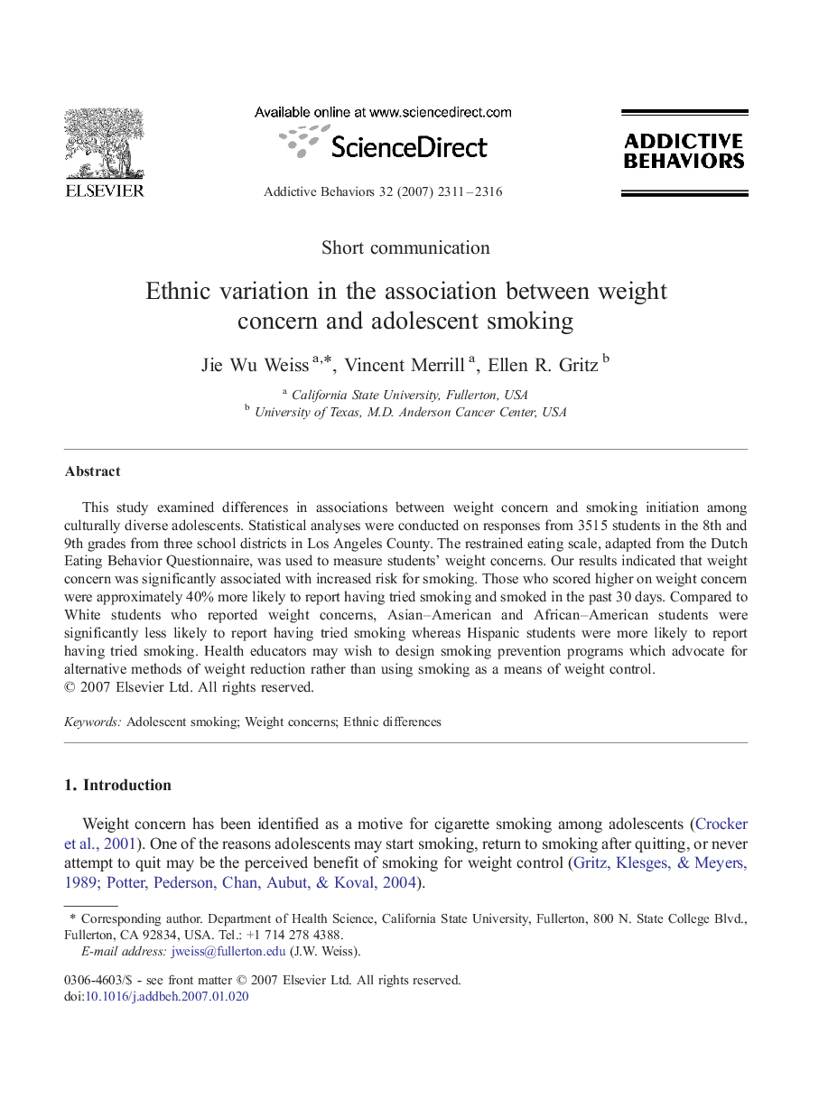 Ethnic variation in the association between weight concern and adolescent smoking