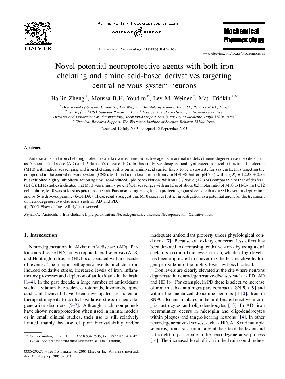 Novel potential neuroprotective agents with both iron chelating and amino acid-based derivatives targeting central nervous system neurons