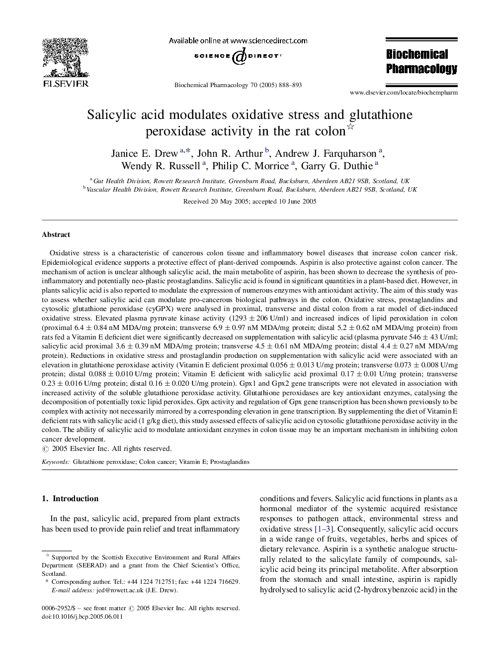 Salicylic acid modulates oxidative stress and glutathione peroxidase activity in the rat colon