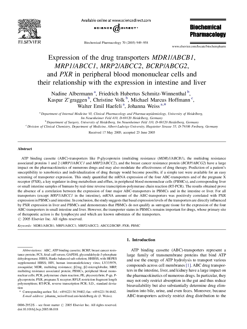 Expression of the drug transporters MDR1/ABCB1, MRP1/ABCC1, MRP2/ABCC2, BCRP/ABCG2, and PXR in peripheral blood mononuclear cells and their relationship with the expression in intestine and liver