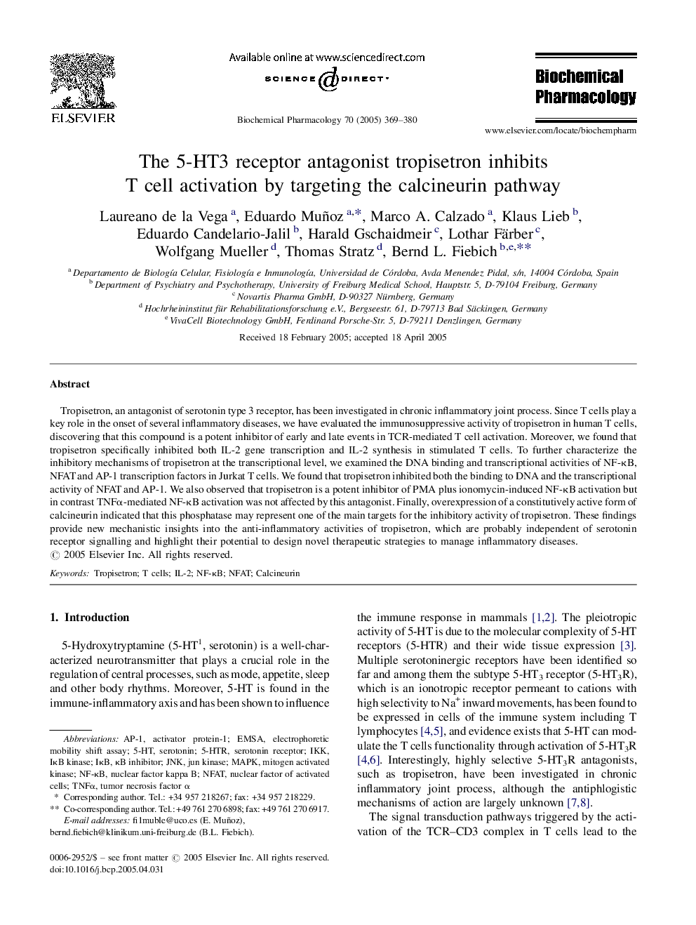 عکس صفحه اول مقاله: The 5-HT3 receptor antagonist tropisetron inhibits T cell activation by targeting the calcineurin pathway The 5-HT3 receptor antagonist tropisetron inhibits T cell activation by targeting the calcineurin pathway