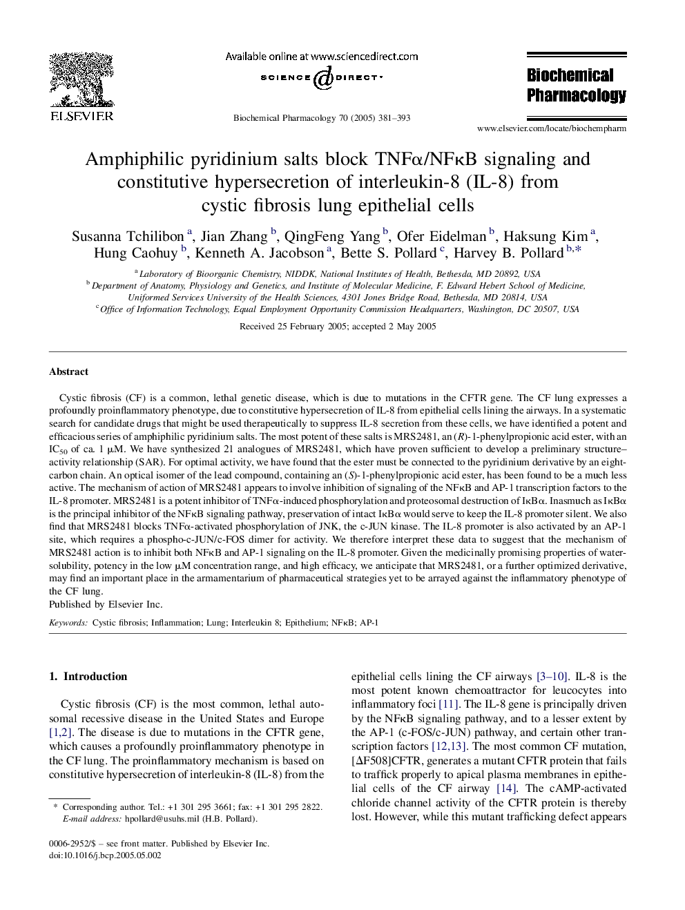 Amphiphilic pyridinium salts block TNFÎ±/NFÎºB signaling and constitutive hypersecretion of interleukin-8 (IL-8) from cystic fibrosis lung epithelial cells