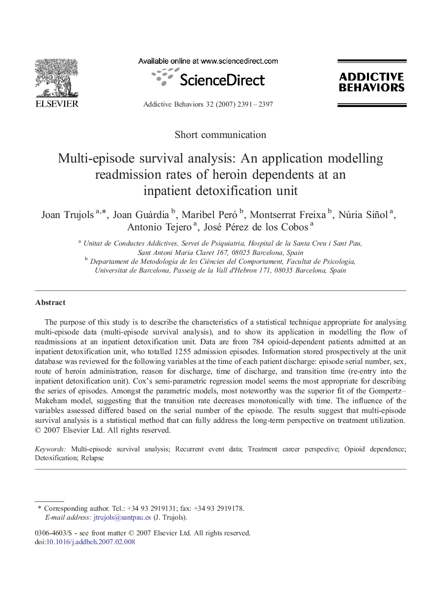 Multi-episode survival analysis: An application modelling readmission rates of heroin dependents at an inpatient detoxification unit