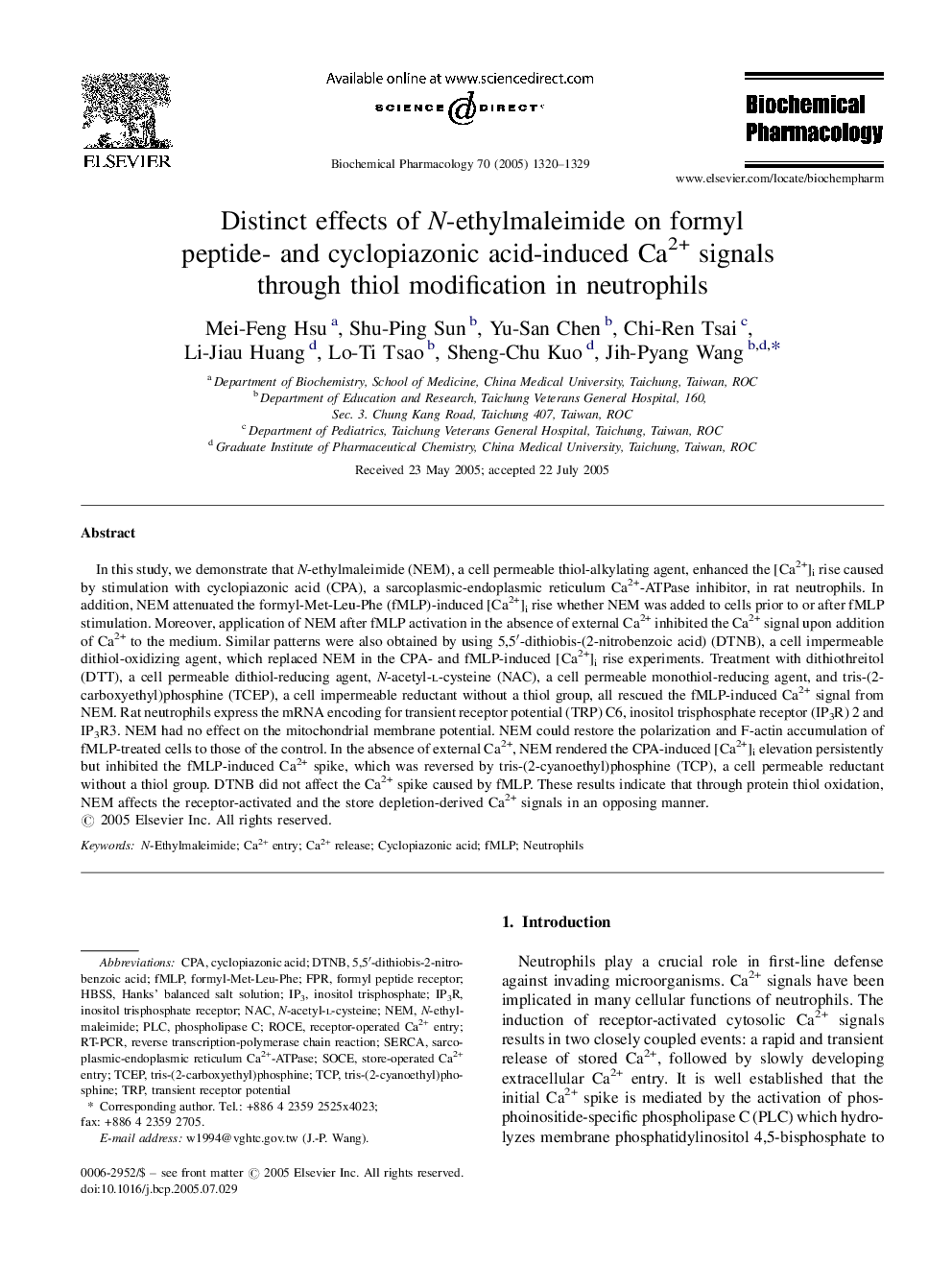 Distinct effects of N-ethylmaleimide on formyl peptide- and cyclopiazonic acid-induced Ca2+ signals through thiol modification in neutrophils