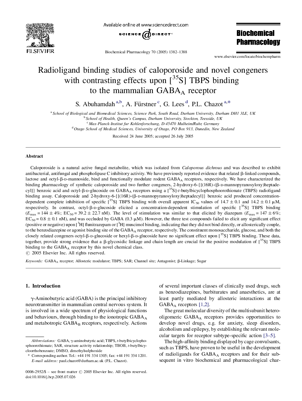 Radioligand binding studies of caloporoside and novel congeners with contrasting effects upon [35S] TBPS binding to the mammalian GABAA receptor