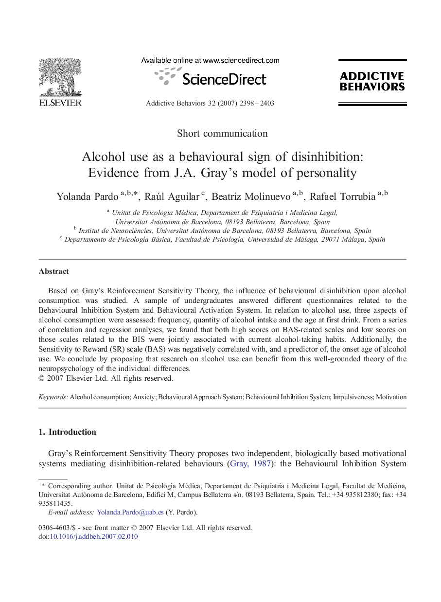 Alcohol use as a behavioural sign of disinhibition: Evidence from J.A. Gray's model of personality