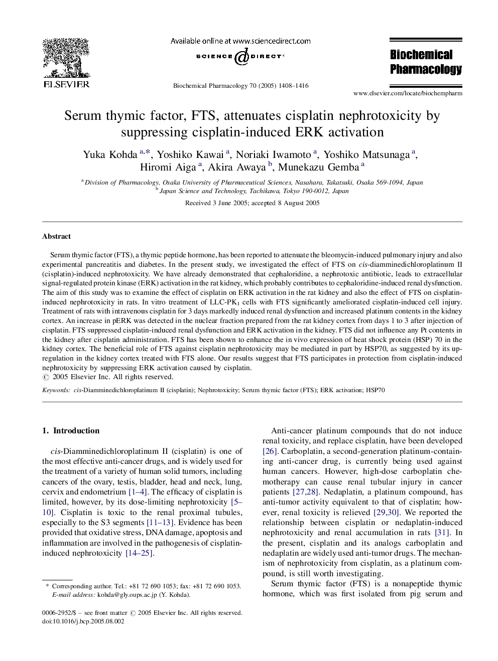 Serum thymic factor, FTS, attenuates cisplatin nephrotoxicity by suppressing cisplatin-induced ERK activation