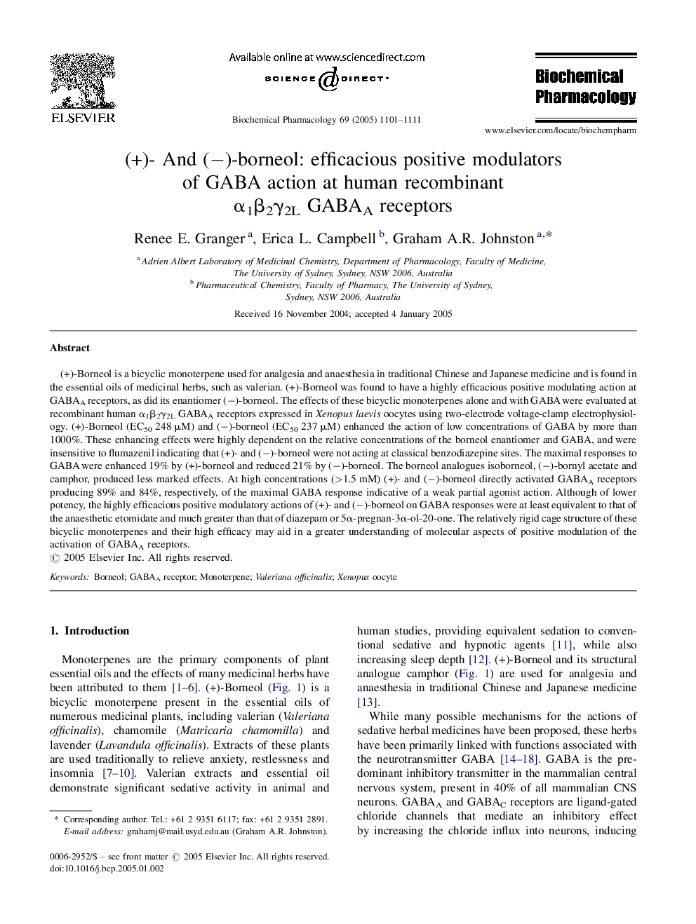 (+)- And (â)-borneol: efficacious positive modulators of GABA action at human recombinant Î±1Î²2Î³2L GABAA receptors