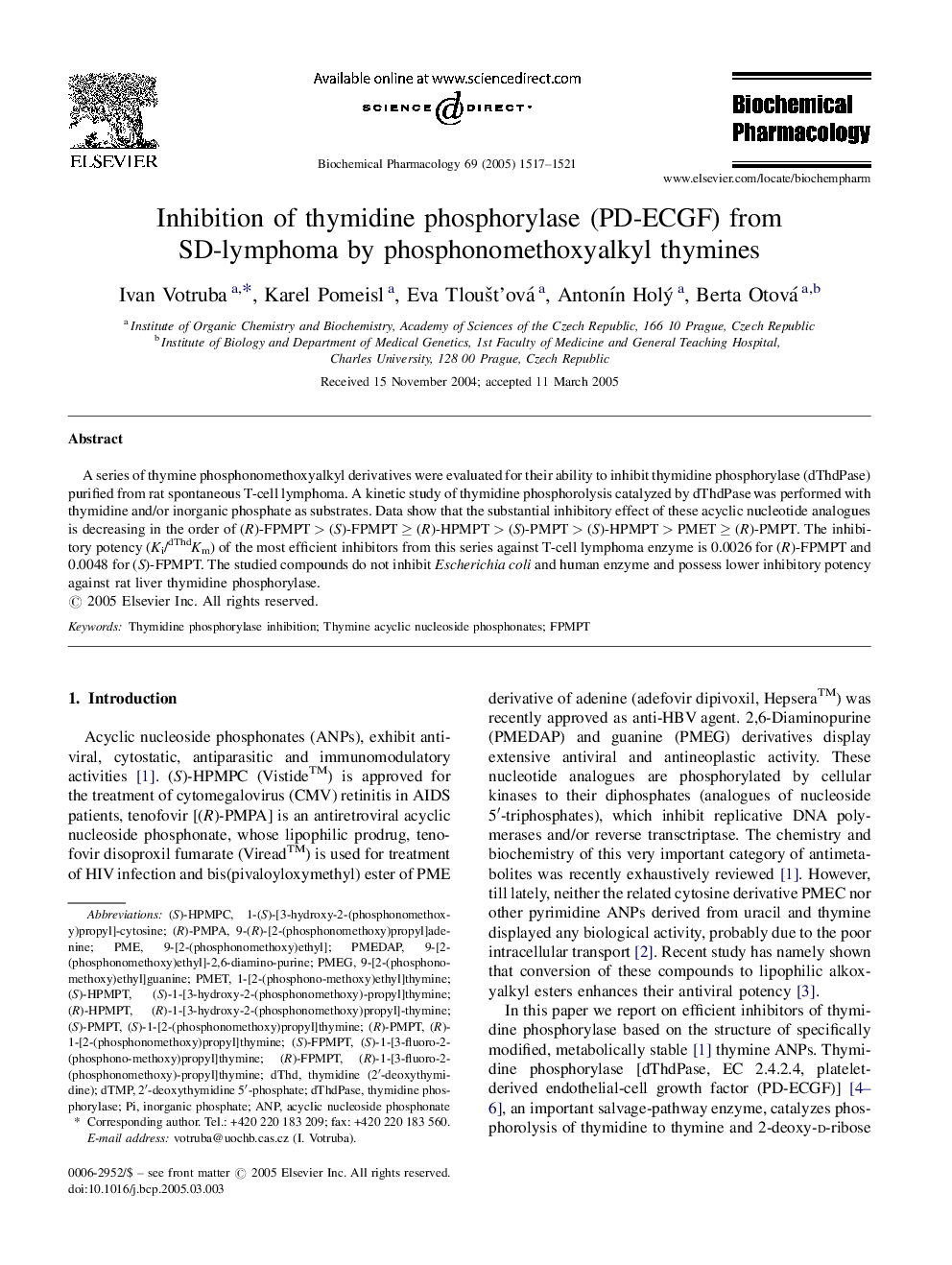 Inhibition of thymidine phosphorylase (PD-ECGF) from SD-lymphoma by phosphonomethoxyalkyl thymines